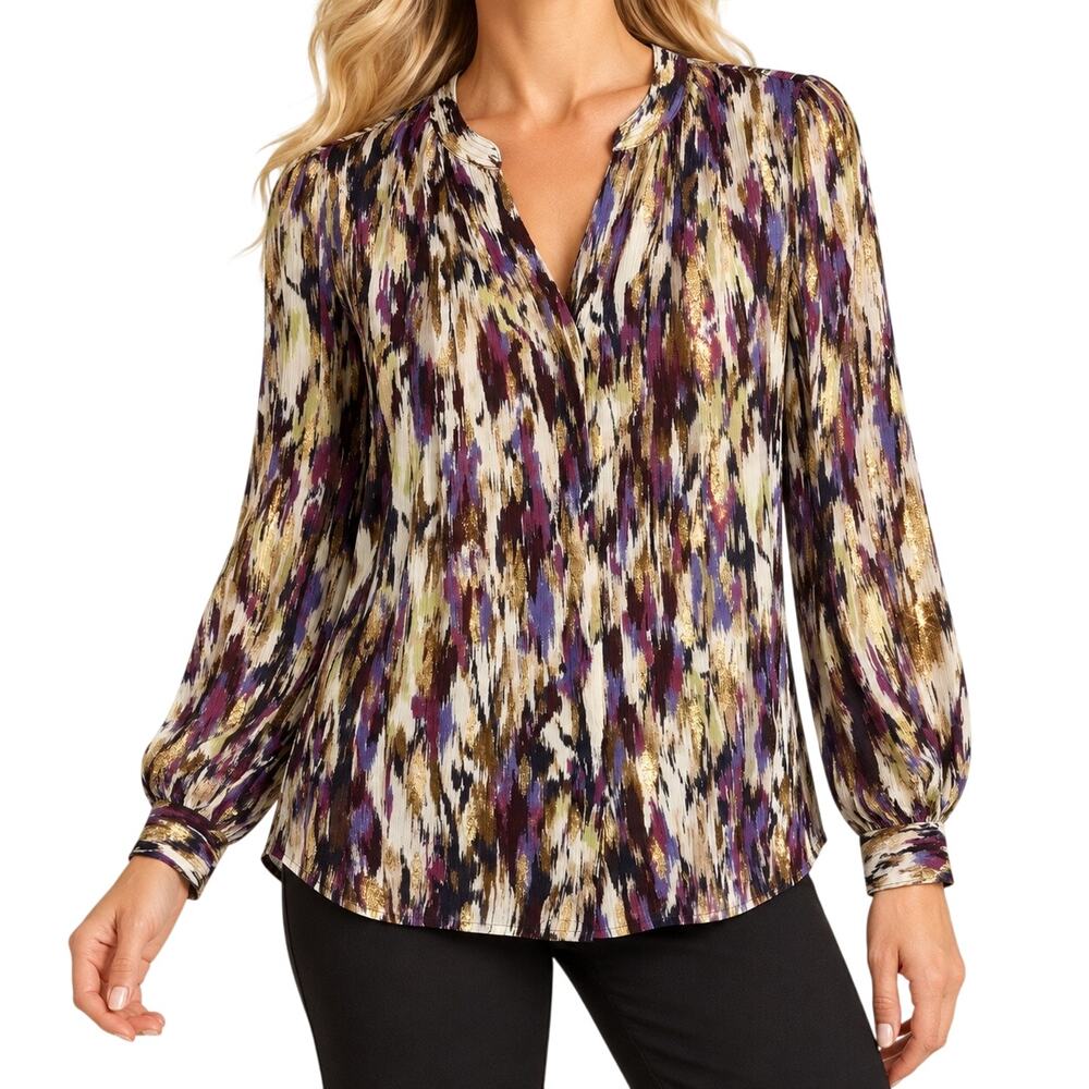 Chicos Sz 0.5 Small/Medium US 6 Metallic Gold Accent Formal Purple Shirt Top